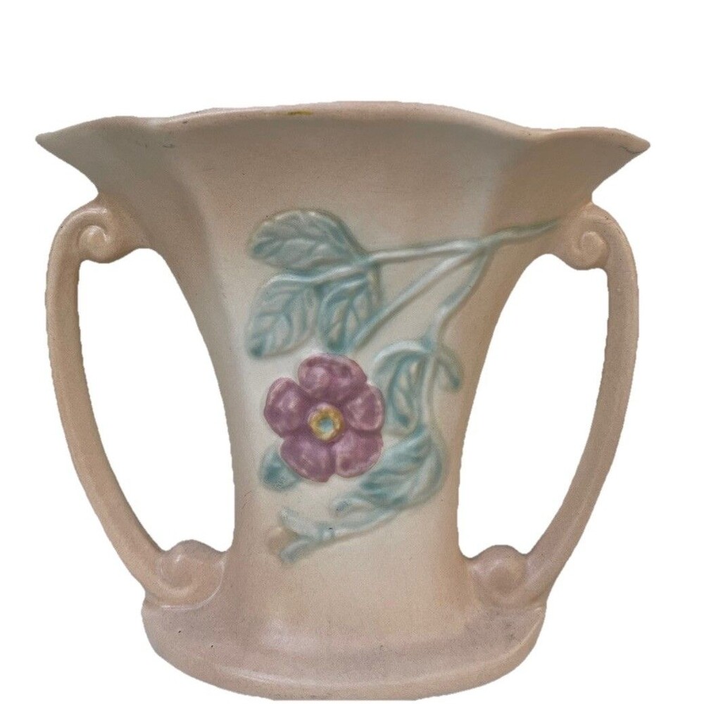 Vintage Hull Art Pottery Dogwood Wild Rose Double Handled Vase 1940s #19